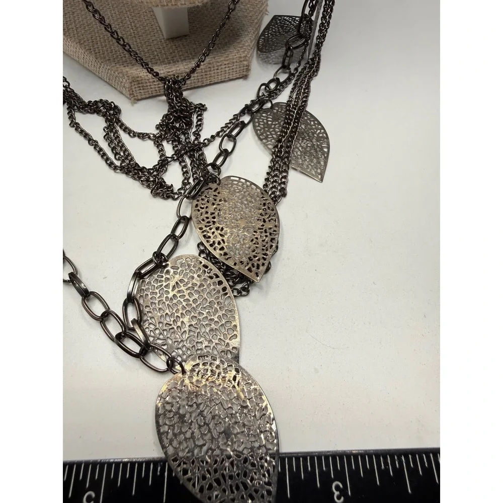Gunmetal Multi Strand Filigree Leaf Statement Necklace Boho Layered Draped Chain